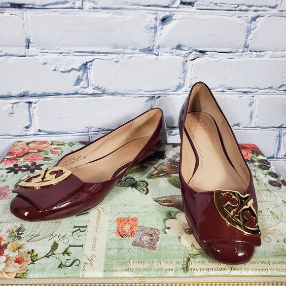 Tory Burch Shoes - Tory Burch Red Patent Square-Toe Logo Flats